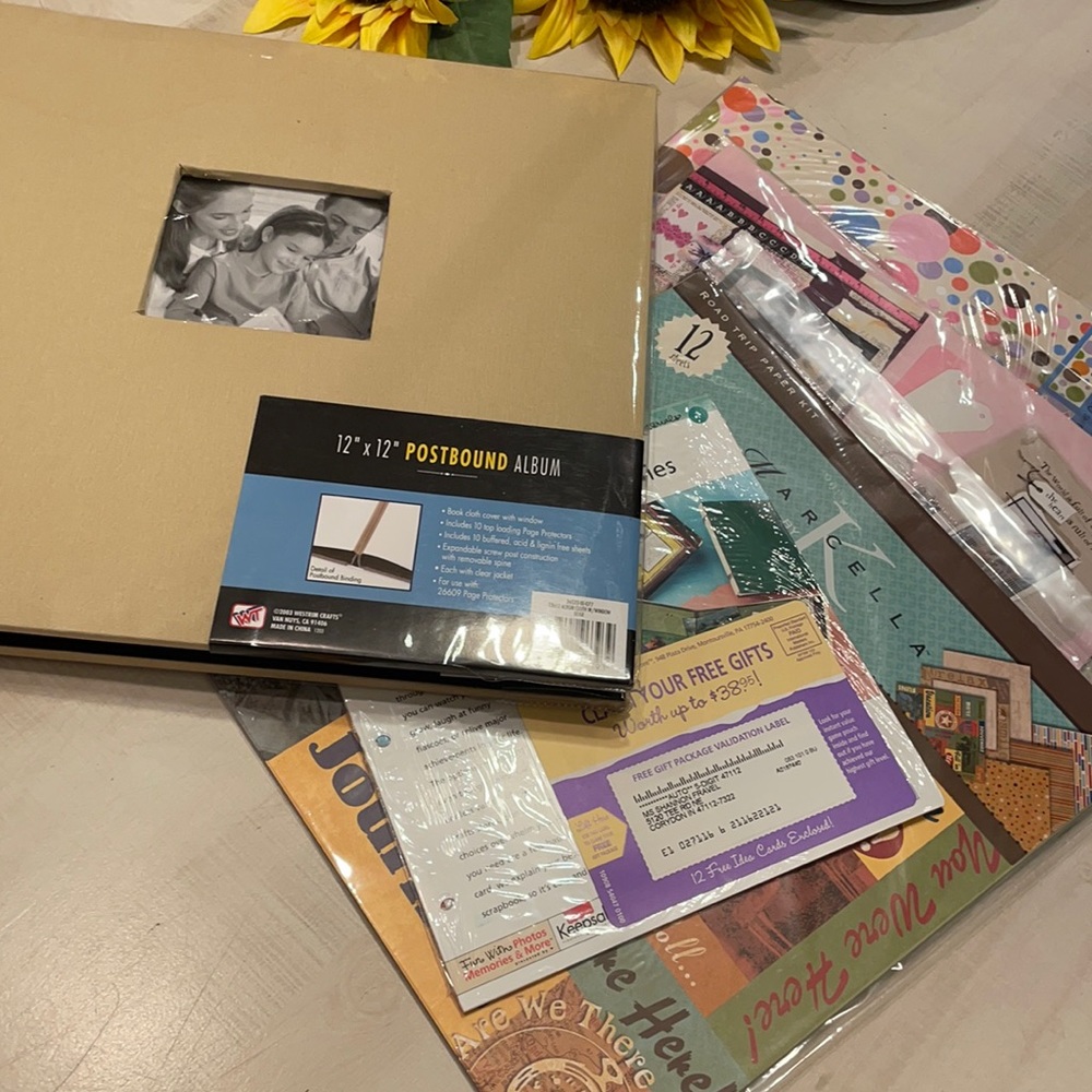 Tan 12x12 Postbound Album & Road Trip Vintage Paper Kits BUNDLE